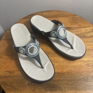 Crocs Sanrah Diamante Wedge Sandals Flip Flops Size 9 Women's Navy Shoes
